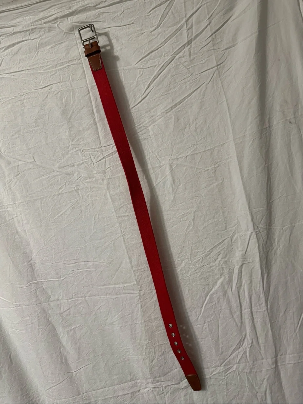 Lacoste Red Canvas Belt with Brown Leather Loop and Silver Buckle